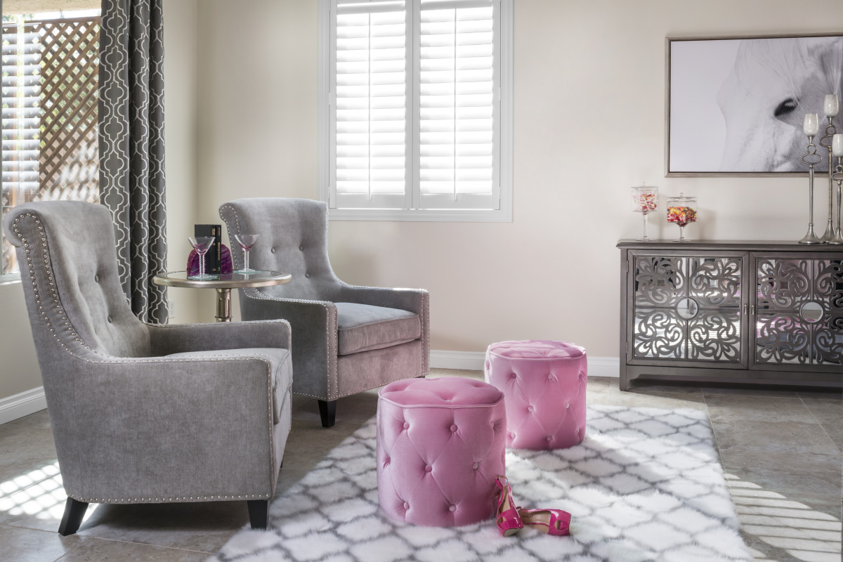 Minneapolis pink living room with shutters